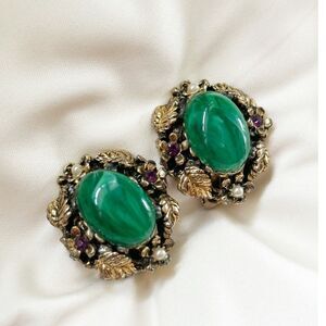 Dark Green Oval Cab Floral Wreath Earrings Rhinestone Pearl Accents